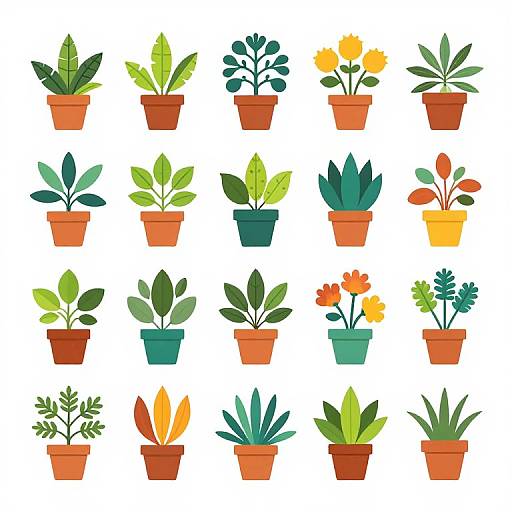 Digital illustration of 20 colorful potted plants with diverse leaf shapes and sizes, in orange and green pots, arranged in a 4x5 grid
