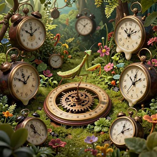 Surreal Mantis Amid Antique Clocks