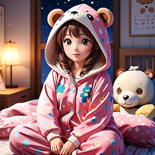 Digital anime-style drawing of a cute young girl in a pink bear hoodie, sitting on a bed with a teddy bear, under a night sky in