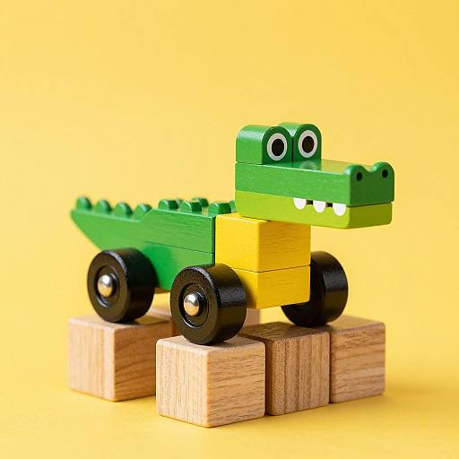 Photograph of a green and yellow toy crocodile with black wheels on two wooden blocks against a yellow background.
