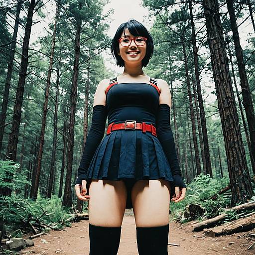 Photograph of a smiling Asian woman with short black hair, glasses, black off-shoulder dress, red belt, and thigh-high socks in a