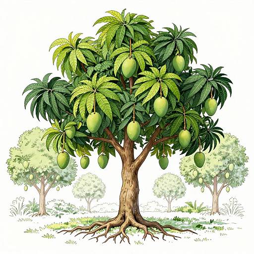 Digital illustration of a lush mango tree with green leaves and hanging mangoes, surrounded by smaller trees and grass.