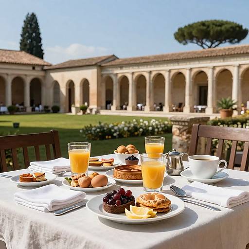 Photograph of a sunny outdoor table set with breakfast: orange juice, pastries, fruits, eggs, and coffee, with a historic courtyard in the