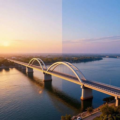 Photograph of a sunlit, arch-shaped bridge spanning a calm river, reflecting golden hues, with a clear blue sky and distant shoreline.