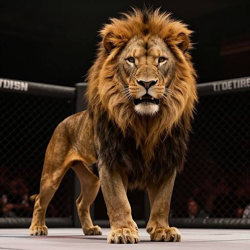 Photorealistic CGI of a regal, golden-brown male lion with a full mane standing confidently on a MMA-style octagonal cage platform. Dark