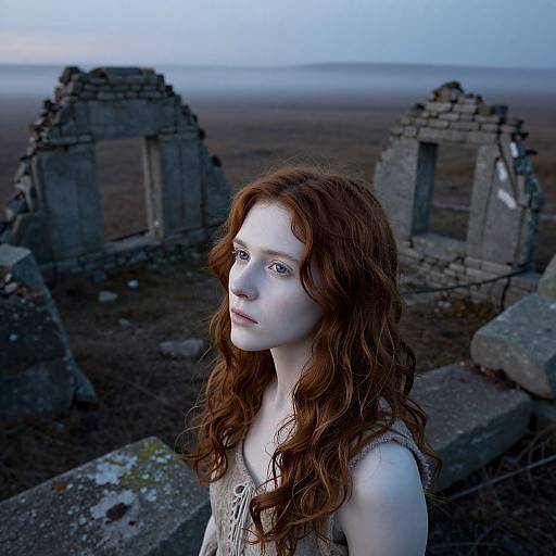 Photograph of a pale, red-haired woman with wavy hair, wearing a white lace top, standing in front of crumbling ancient stone ruins at dusk