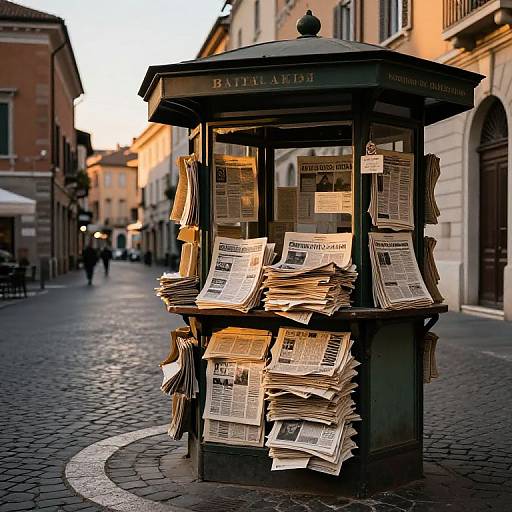 Photograph of a vintage newspaper kiosk in a cobblestone European street, backlit by sunset, with stacks of newspapers displayed.