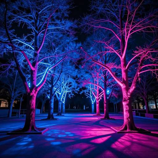 Photograph of leafless trees illuminated with vibrant blue and pink neon lights at night, casting colorful shadows on the ground.
