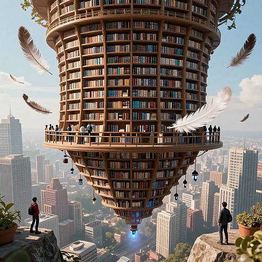 Digital fantasy artwork of a towering, cylindrical book-filled skyscraper with people on balconies, surrounded by floating feathers, over a cityscape.