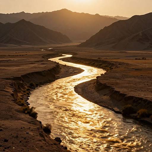 Photograph of a winding river reflecting golden sunset light, flanked by dark, silhouetted mountains, with distant mountains fading into the horizon.