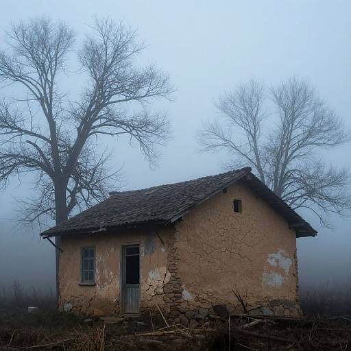Photograph of a small, weathered, beige adobe house with a shingled roof, surrounded by bare trees in a foggy, des