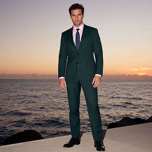 Photograph of a handsome man in a black suit, white shirt, and polka-dot tie, standing on a waterfront pier at sunset.