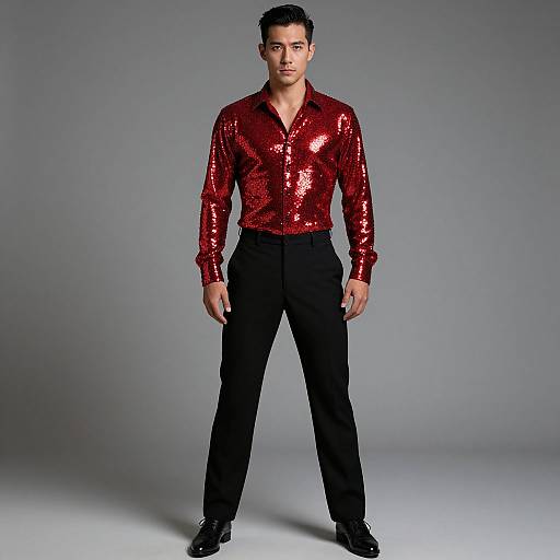 Photograph of a young Asian man with short black hair, wearing a shiny red sequined shirt and black pants, standing against a plain gray background.