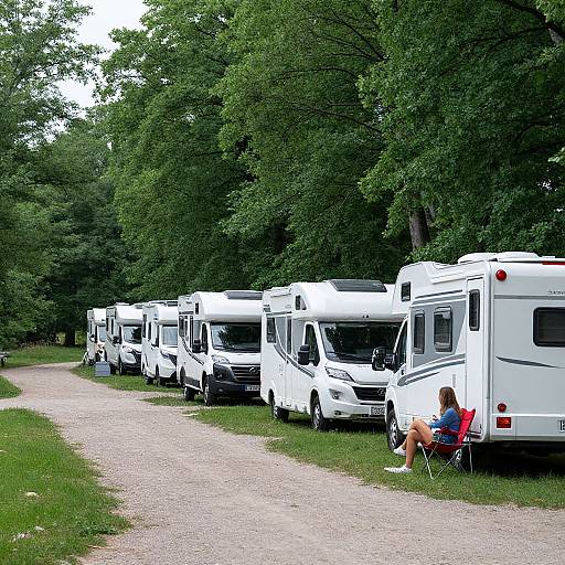 Photograph of a row of white RVs parked on a gravel path, with a person sitting in a red chair beside the closest RV, surrounded by