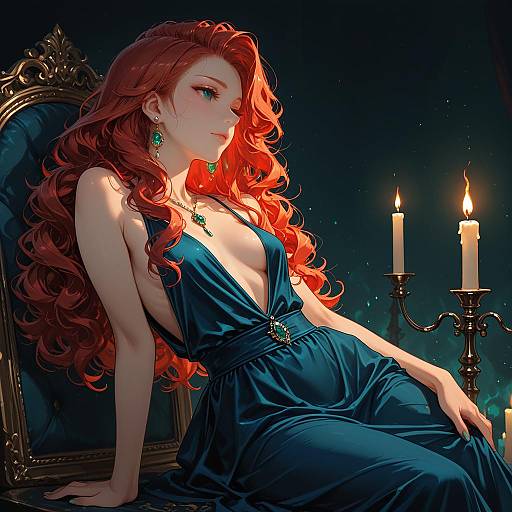 Red-haired Woman in Blue Dress by Candlelight