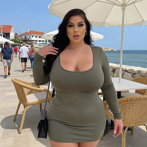 Photograph of a curvy, dark-haired woman with large breasts in an olive green, tight dress, standing by a seaside café with wicker chairs