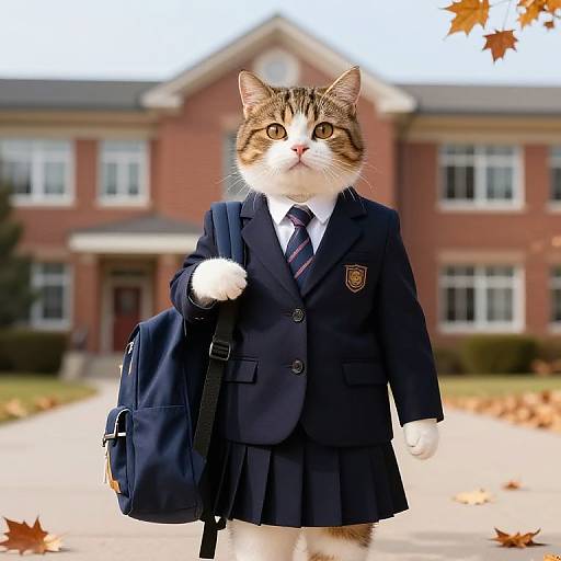 Photograph of a tabby cat wearing a navy school uniform with a blazer, tie, and skirt, carrying a bag, standing in front of