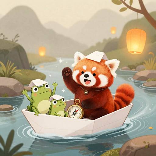 Whimsical Red Panda Paper Boat Adventure