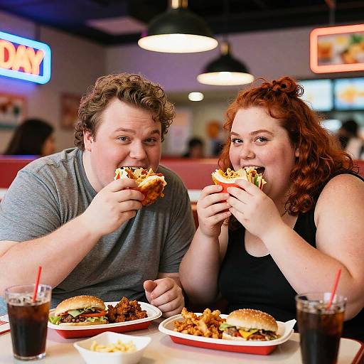 Photograph of a curly-haired man and red-haired woman eating burgers and fries in a brightly lit diner with neon signs.