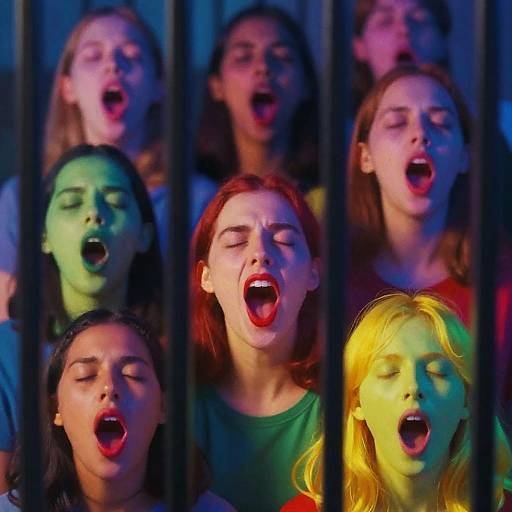 Photograph of six young women with colorful face paint, eyes closed, mouths open in song, behind black metal bars. Vibrant green, red,