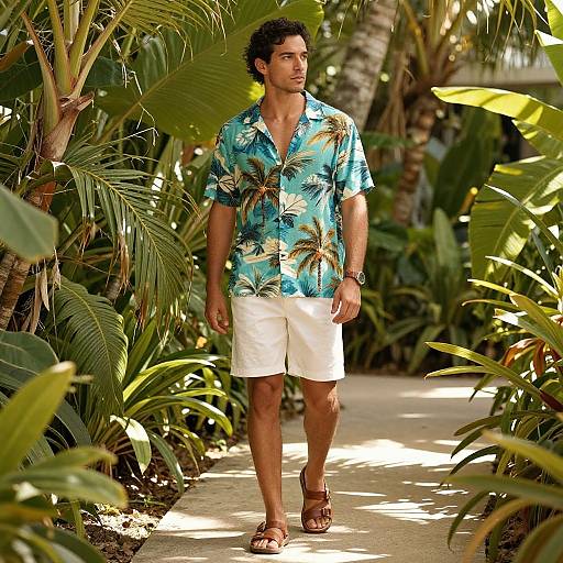 Photograph of a tan-skinned, dark-haired man in a blue tropical shirt, white shorts, and brown sandals walking through a lush, sunlit