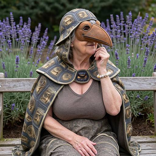 Photograph of an older woman with large breasts, wearing a medieval-style brown mask and ornate cape, seated on a wooden bench, surrounded by lavender