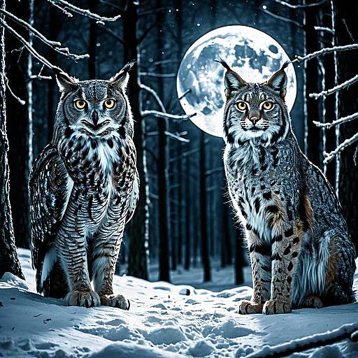 Moonlit Snowy Forest Owl and Lynx Humanoids