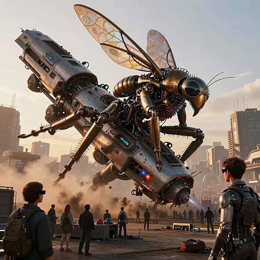Dystopian Cyberpunk Insect-Machine Ship Landing
