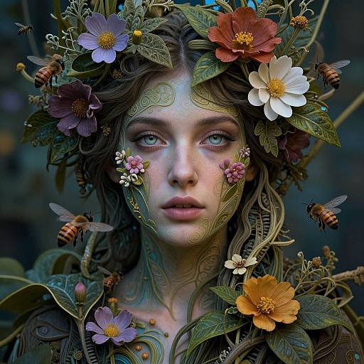 Digital artwork of a fair-skinned, blue-eyed woman with floral and insect-adorned crown, surrounded by bees and vivid flowers, blending nature and