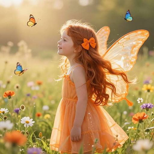 Photograph of a joyful red-haired girl in an orange fairy dress with wings, surrounded by colorful butterflies and flowers in a sunlit meadow.