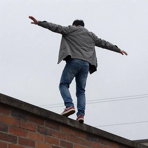 Man Balancing on Brick Wall Outdoors