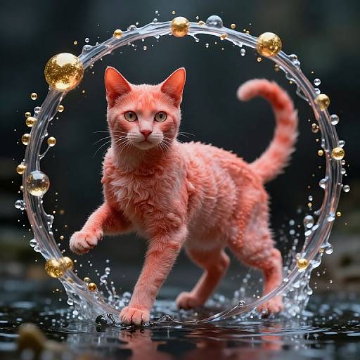 Photorealistic digital art of a pink-orange kitten with large, alert eyes, walking through a transparent, circular water ring adorned with gold bubbles, on