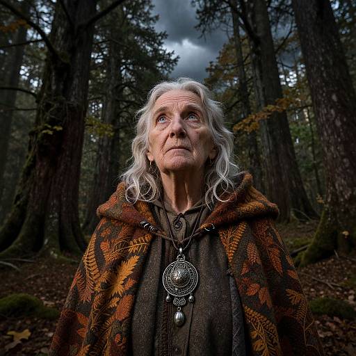 Photograph of an elderly woman with white hair, wearing a brown patterned cloak and intricate pendant, standing in a dark, dense forest. Moody,