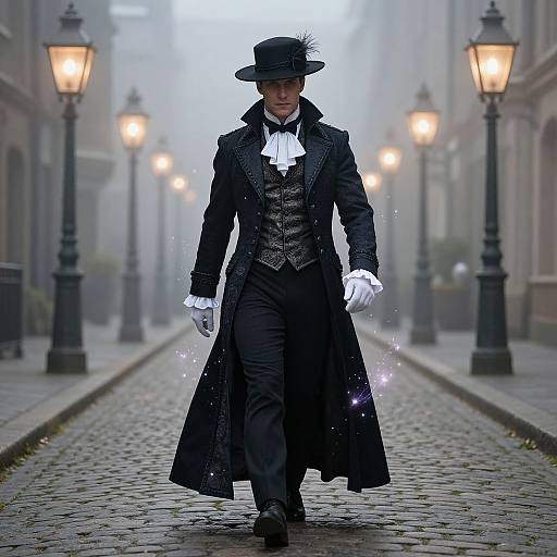 Photograph of a Victorian-style man in black suit, white gloves, long coat, top hat, and white cravat, walking on a fog