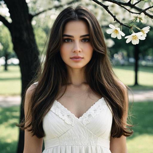 Young Woman in White Dress with Flower Outdoors