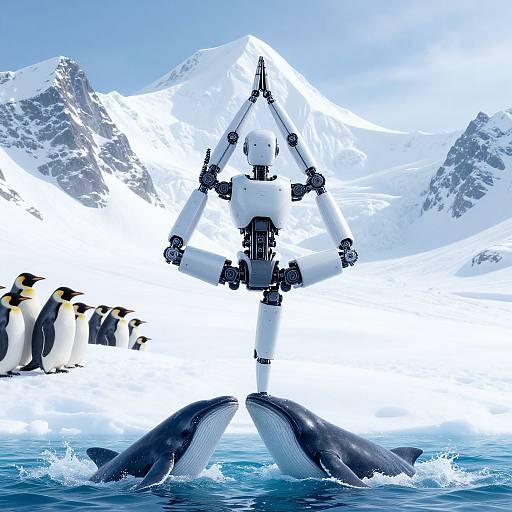 Photograph-like digital artwork: white robot with black joints mid-jump over two dolphins in icy waters, snowy mountains, and six penguins in background
