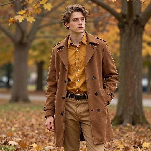 Young Man in Brown Coat Standing in Autumn Park