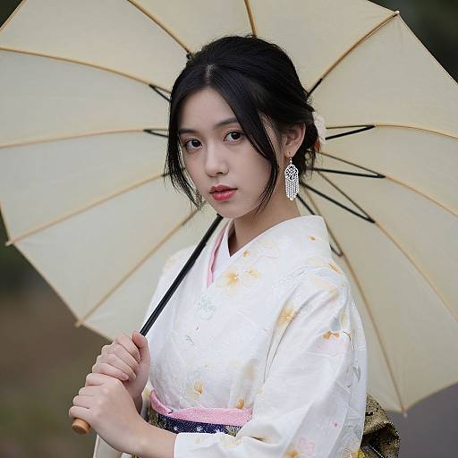 Photograph of an Asian woman with fair skin, black hair in a bun, wearing a white floral kimono, holding a beige umbrella, adorned with