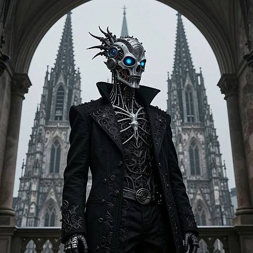 Digital artwork of a cyber-gothic figure with glowing blue eyes, skeletal face, and intricate black suit, standing in front of a Gothic cathedral arch