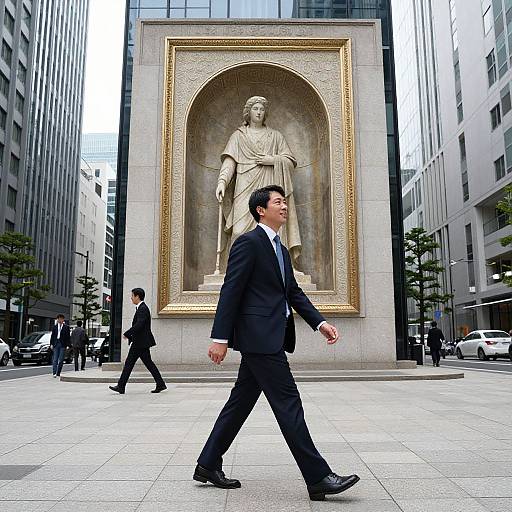 Photograph of a man in a black suit walking past a large, ornate statue of a robed figure in a city square. Tall buildings frame