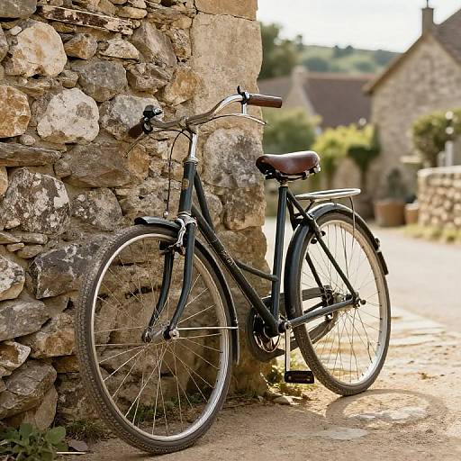 Photograph of a classic black bicycle with brown leather seat, leaning against a rustic stone wall in a sunlit countryside village.
