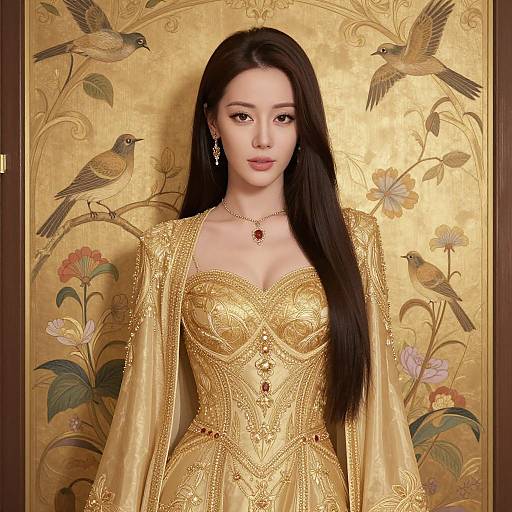 Photograph of an Asian woman with long black hair, wearing an elaborate gold embroidered dress, standing against a gold floral and bird-patterned screen.
