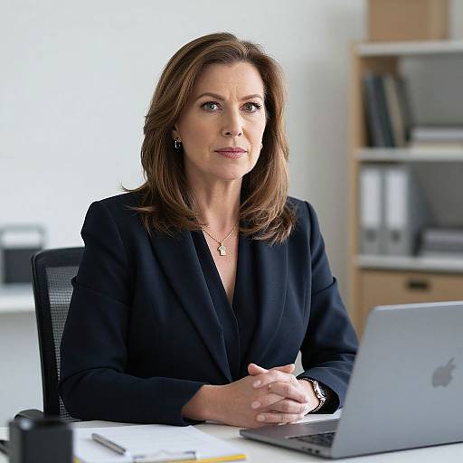Photograph of a middle-aged woman with shoulder-length brown hair, wearing a black blazer, seated at a desk with a laptop, in a bright