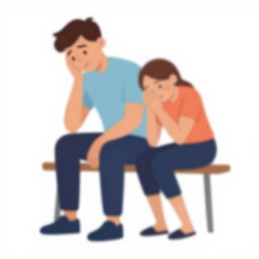 Digital drawing of a sad brown-haired man in a blue shirt and black pants, sitting beside a sad brown-haired girl in an orange shirt and black pants
