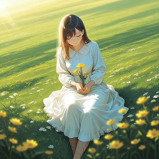 Cinematic Girl in White Dress on Grass