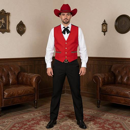 Photograph of a bearded man in a red vest, white shirt, black pants, and red cowboy hat, standing in a vintage room with brown