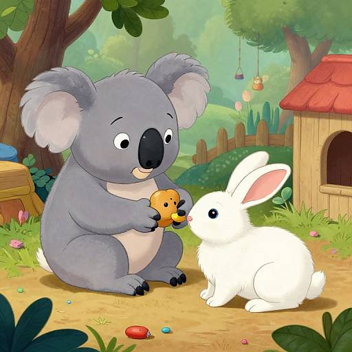Cartoon koala feeding a small toy to a white rabbit in a colorful, sunny forest clearing with a red-roofed hut.