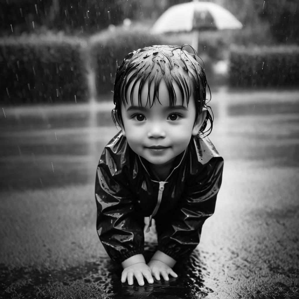 Child Enjoying Rain in Black and White