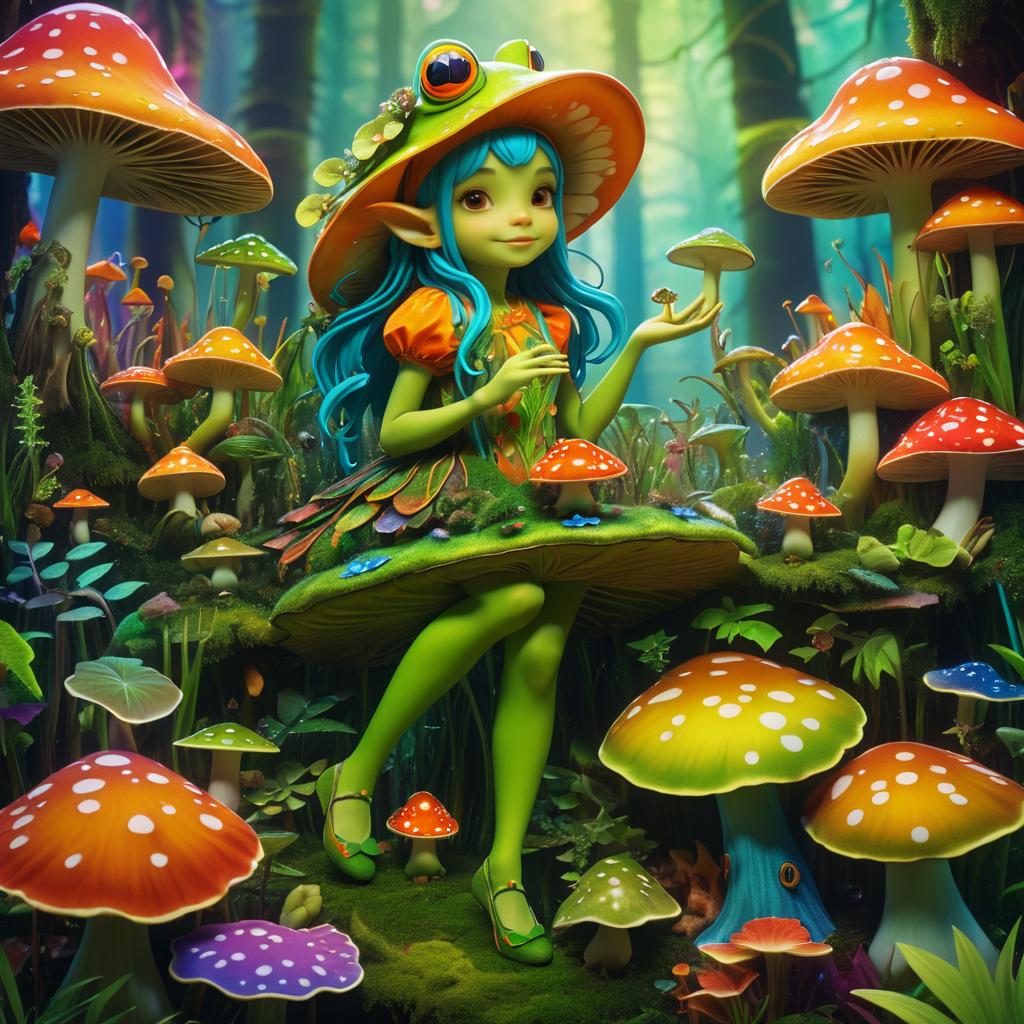 Whimsical Frog Girl in Vibrant Fungi