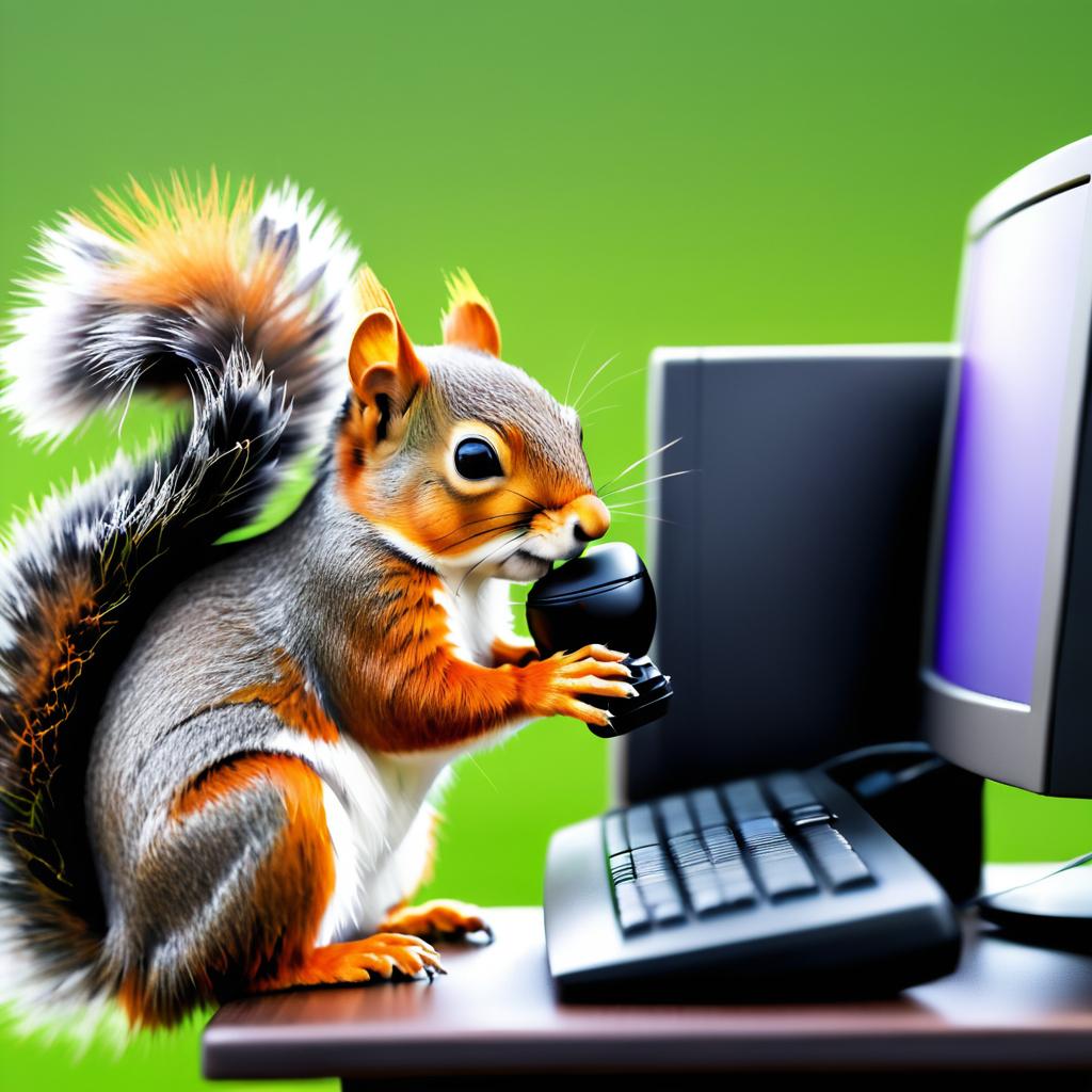 Squirrel at Work: Desktop Computer Scene